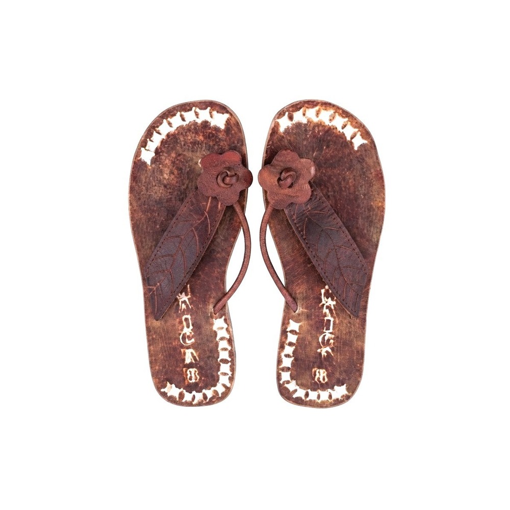 Jamaica Handcrafted Boho Leather Sandals Womens Brown Floral Leaf Thong Size 8
